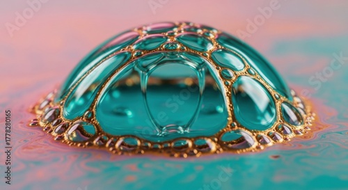 Intricate teal blue glass dome ornament with gold trim on a soft pink and teal background