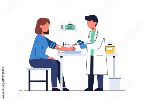 Doctor performing blood draw on seated patient. Suitable for medical, healthcare, clinic, doctors office, vaccination, phlebotomy, and labrelated concepts.