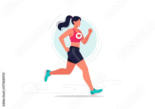 Athletic woman in heart design top jogging. Ideal for fitness blogs, sports promotions, workout apparel advertisements, and heath lifestyle campaigns.