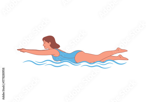 Woman in a blue swimsuit gracefully swims on her stomach. Suitable for travel, summer, vacation, lifestyle, and leisure concepts.
