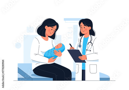 Pediatrician examining mother and newborn. Suitable for medical, parenting, and familyrelated designs, presentations, and websites. Great for healthcare.