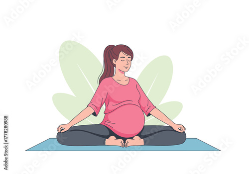 Pregnant woman meditates in lotus pose on a mat. Suitable for mindfulness, pregnancy wellness, yoga, meditation, health, maternity content.