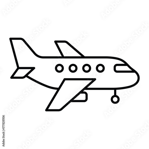 Airplane vector icon. Simple black outline of passenger jet with windows and wings. Minimal flat line art design for travel, aviation, or transportation symbol use.