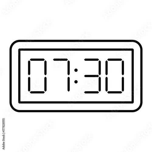 Digital alarm clock vector icon. Simple black outline of electronic display showing time 07:30. Minimal flat line art design for time, schedule, or wake-up symbol use.