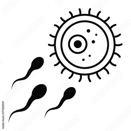 Sperm and ovum vector icon. Black silhouette of sperm cells swimming toward egg cell. Medical and biology flat line art design for fertility, reproduction, or healthcare concept.