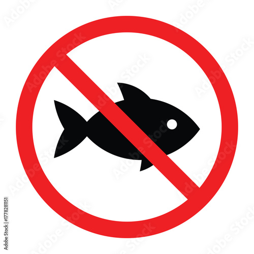 No fish vector icon. Red prohibition circle with diagonal line over black fish silhouette. No fishing warning or restriction sign for safety label design.