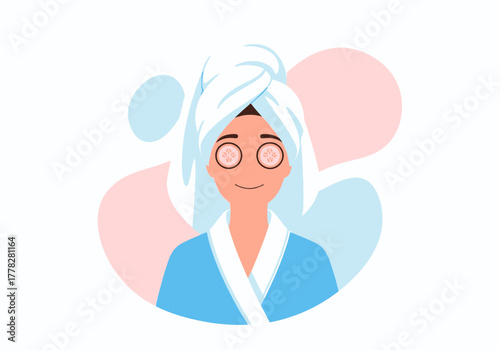 Relaxation concept with woman in robe and towel with cucumbers on eyes. Spa, beauty, wellness, skincare, pampering content, social media.