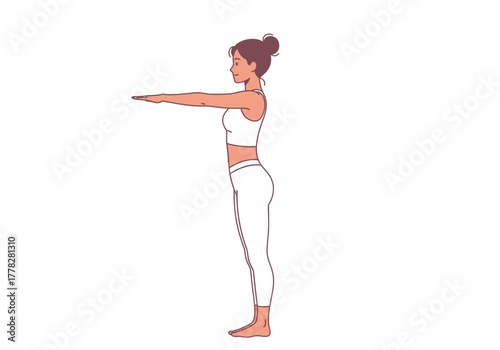 Yoga practitioner in mountain pose with arms forward. Suitable for fitness, wellness, yoga, mindfulness, meditation, and exerciserelated concepts.
