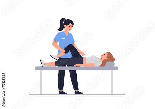 Physical therapy session with leg exercises on table. Suitable for health, medical, rehabilitation, and fitness concepts in design projects.