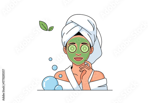 Woman enjoying spa day with cucumber eyes and face mask. Perfect for beauty and wellness concepts.