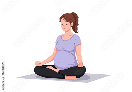 Pregnant woman meditating in seated posture, suitable for yoga, pregnancy, wellness, meditation concepts, maternal health guidance websites, and wellness products.