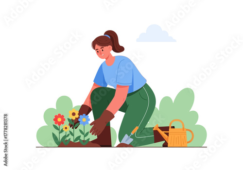Woman planting flowers, watering can aside. Perfect for gardening, spring, lifestyle, hobbies, home decor, diy, flower enthusiasts, planting, and nature themes.