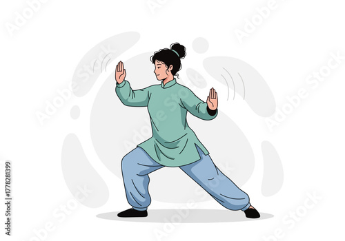 Woman practices tai chi martial art for health and meditation suitable for promoting mindfulness, wellness, martial arts, and asian culture.