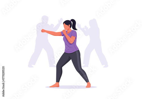 Dynamic action scene of a woman boxing with transparent figures mirroring her movements. Great for fitness, sports, and motivational concepts.