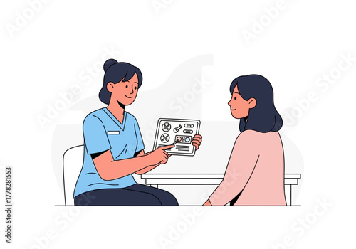 Nurse uses a tablet to discuss medical test results with a patient. Perfect for healthcare websites, medical publications, and educational materials.