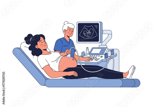 Pregnant woman receives ultrasound from doctor. Suitable for healthcare, pregnancy, medical consultations, maternity, expecting mother, technology, and diagnostics.