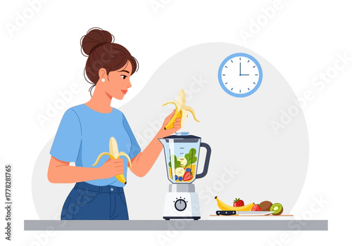 Woman blending bananas in a smoothie, ideal for promoting healthy eating, kitchen appliances, smoothie recipes, or lifestyle blogs and articles.