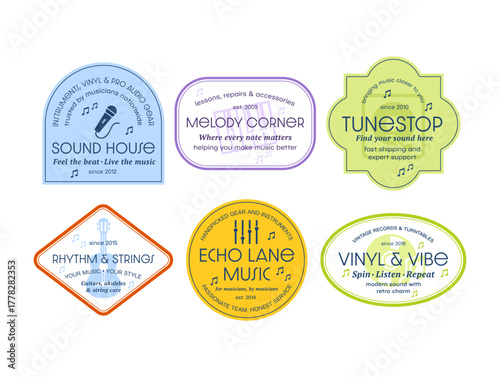 Music shop logos showcasing services and dedication to musicians in a vibrant and engaging design