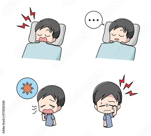 睡眠時無呼吸症候群の症状のイラストセット・男性
