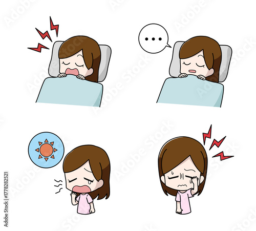 睡眠時無呼吸症候群の症状のイラストセット・女性