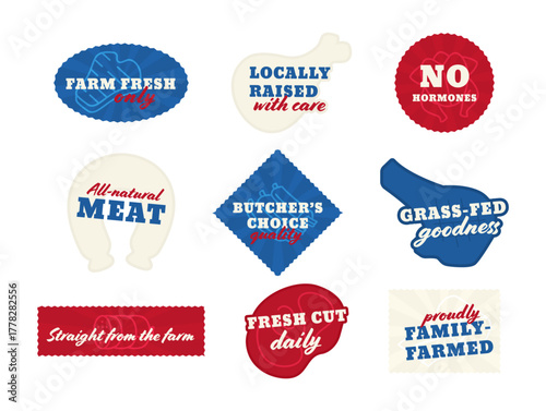 Fresh and natural meat stickers showcasing quality and farm-fresh ideals in a vibrant vector design for use in marketing