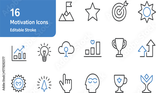 Motivation success icons vector set for business goals achievement and personal development design elements