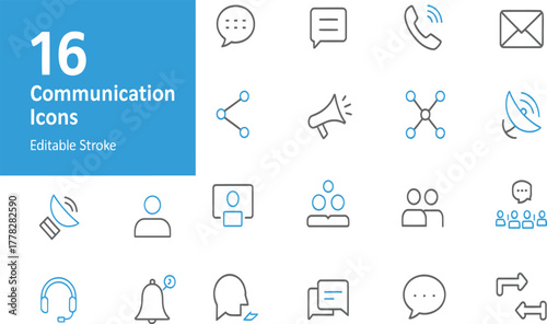 Communication icons for social media and business, editable stroke vector illustration set design