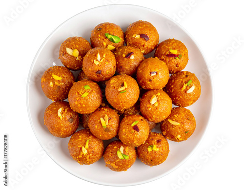 plate of Indian ladoo sweets top view isolated on white and transparent, background