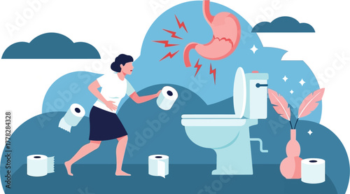 Woman urgently needing restroom with stomach ache, depicting discomfort and digestive issues, a modern health concern with creative vector illustration