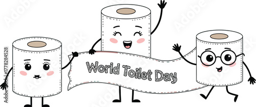 Celebrate World Toilet Day with charming cartoon rolls cheering for global sanitation awareness and health initiatives, promoting hygiene and well being