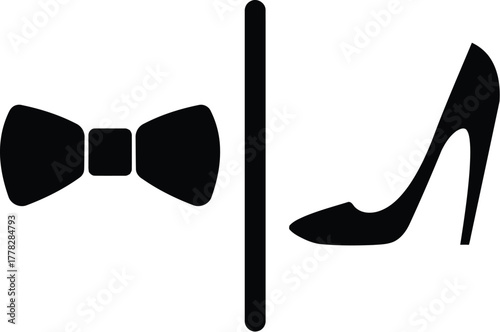 Elegant restroom signage with bow tie and high heel shoe for a modern, inclusive space where everyone feels welcome and stylish in black and white