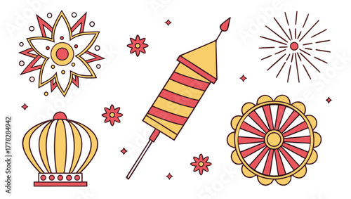 Colorful flat vector illustration and icon set of Diwali festival elements including diyas, rockets, chakris, sparklers, and fireworks, designed in a modern minimal style on a clean white background