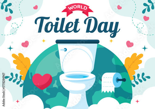 Celebrate World Toilet Day with this joyful illustration promoting sanitation and hygiene globally, featuring a clean toilet and happy Earth elements
