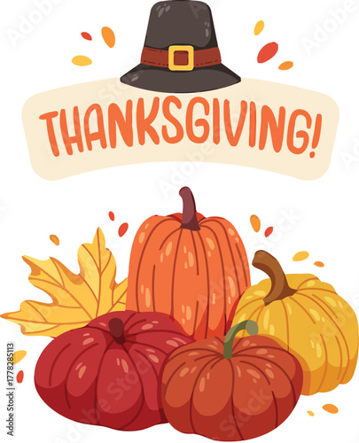 Festive Thanksgiving illustration with pumpkins, fall leaves, and pilgrim hat, perfect for seasonal designs and holiday marketing