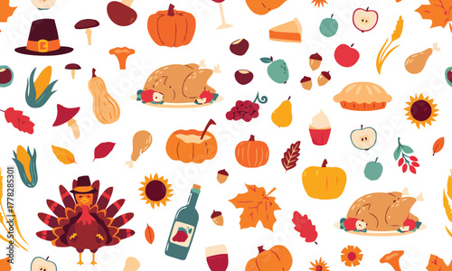 Celebrate abundant harvest with festive Thanksgiving icons featuring turkeys, pumpkins, pies, and fall leaves creating joyful seasonal scenes.