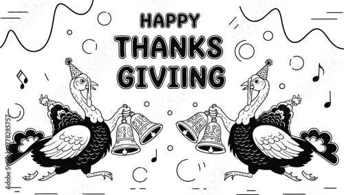 Happy Thanksgiving turkeys celebrating with bells, festive holiday design for greeting cards and seasonal promotions