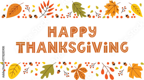 Celebrate Thanksgiving with this festive fall design featuring colorful autumn leaves and acorns, perfect for greeting cards, banners, and social media posts