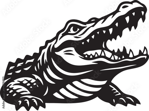 Attacking reptile face line art, vintage engraving style design element.