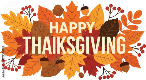 Autumnal Thanksgiving design with colorful leaves, acorns, and berries for festive cards, invitations, and seasonal event promotions beautifully