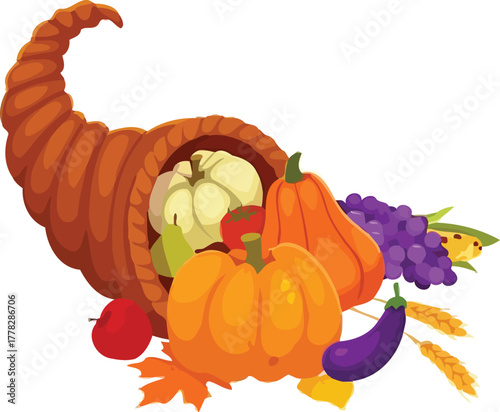 Celebrate Thanksgiving with this vibrant cornucopia of harvest bounty, filled with pumpkins, grapes, and fall flavors perfect for seasonal promotions
