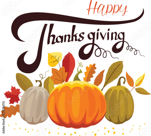 Celebrate a happy Thanksgiving with this festive pumpkins and autumn leaves design for cards, invitations, and seasonal marketing materials