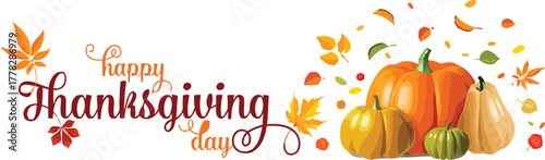 Festive Thanksgiving pumpkins and falling leaves for autumn celebrations and harvest season greetings, creating a cozy and inviting atmosphere this fall