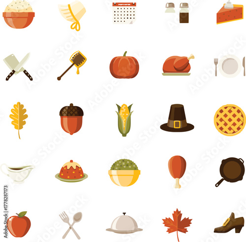 Festive Thanksgiving celebration icons featuring traditional holiday foods, autumnal leaves, and pilgrim attire for vibrant seasonal designs and creative projects