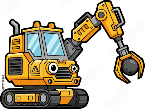 Cartoon Yellow Excavator with Wrecking Ball Arm.