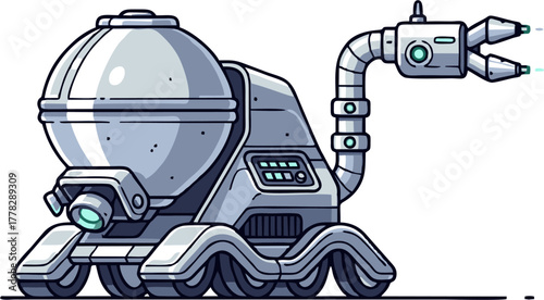 Futuristic Robotic Device with Gripper Arm and Tank-like Body.