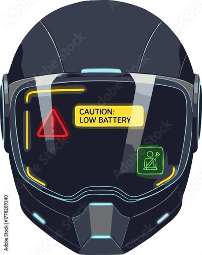 Futuristic VR headset with low battery warning display.