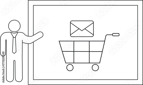 Stick figure presents a whiteboard showcasing a shopping cart with an envelope on top