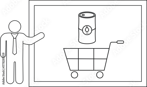 Stick figure presents a shopping cart with oil inside on a bordered display