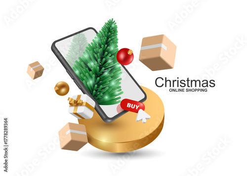 Christmas tree, white gift box, parcel box or cardboard box, comes out of smartphone and floats in mid-air after customer press buy button to confirm order, vector 3d for new year online shopping