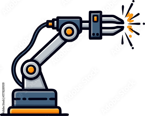 Industrial Robotic Arm Welding Sparks Icon Illustration.